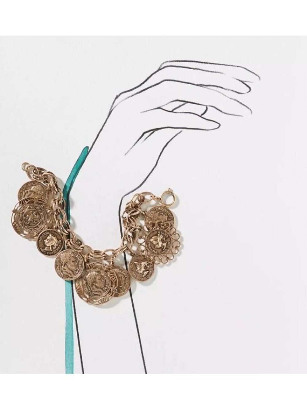 Anthropologie Heirloom Coin Charm Bracelet Gold-Tone Victorian Style Glamour